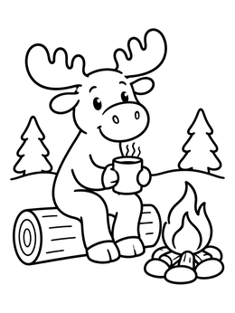 Free printable Cozy Moose By The Winter Campfire coloring page