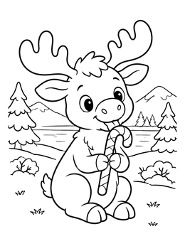 A cheerful christmas moose coloring page featuring a baby moose licking a sweet candy cane outdoors.
