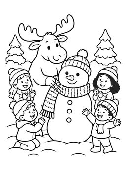 Free printable Friendly Moose Decorating A Snowman coloring page