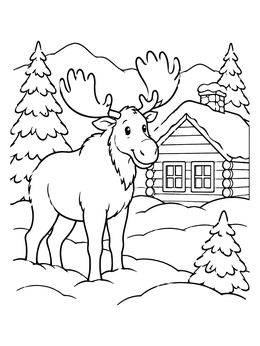 Free printable Friendly Moose Beside Snowy Log Cabin coloring page
