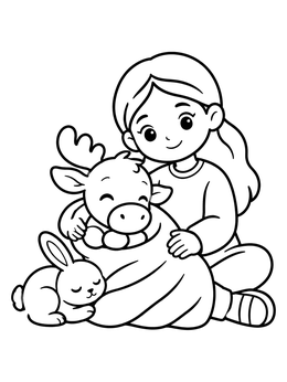 A cute girl holding a bundled calf on this christmas moose coloring page with a sleeping rabbit.