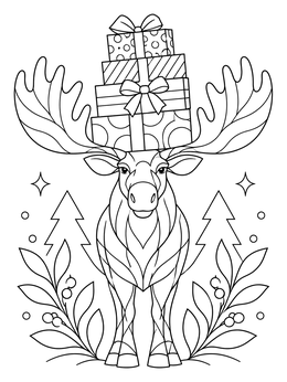 A festive christmas moose coloring page featuring stacked gift boxes balanced between antlers.
