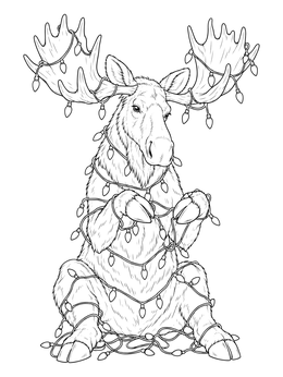 A seated christmas moose coloring page tangled in glowing string lights.