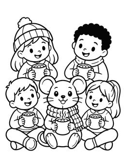 Free printable Cute Mouse And Children Drinking Cocoa coloring page