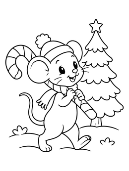 A cheerful christmas mouse coloring page featuring a tiny mouse carrying a big candy cane near a tree.