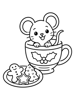 A sweet christmas mouse coloring page featuring a tiny mouse in a teacup beside cookies.