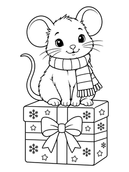 A sweet little mouse sits on a wrapped present in this christmas mouse coloring page.