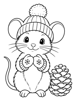 A cozy christmas mouse coloring page featuring a cute mouse in a knit beanie and mittens beside a pinecone.