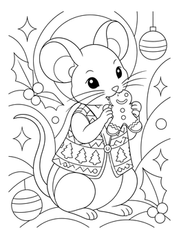 A cute christmas mouse coloring page featuring a vest-wearing mouse nibbling a gingerbread man.