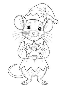 A cute elf christmas mouse coloring page holding a little decorative star.