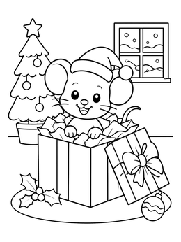 A cheerful christmas mouse coloring page featuring a tiny mouse peeking out of a holiday present box.