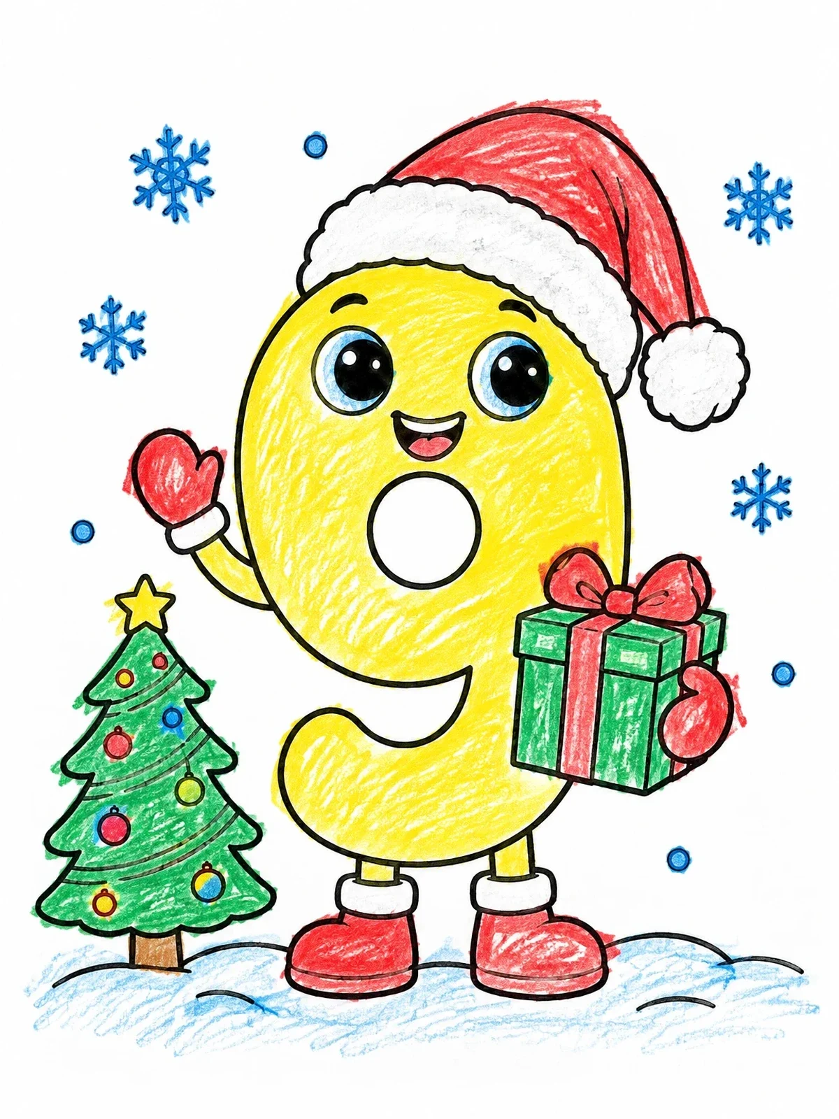 Colored example of the Festive Christmas Number Nine Character coloring page
