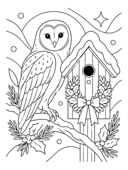 A peaceful christmas owl coloring page featuring a barn owl on a branch near a decorated birdhouse.