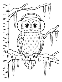 A fluffy bird perches on a snowy branch in this christmas owl coloring page with icicles and earmuffs.