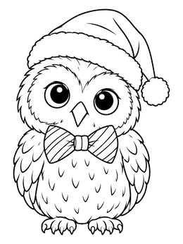 A festive christmas owl coloring page featuring a cute baby owl wearing a Santa hat and bow tie.