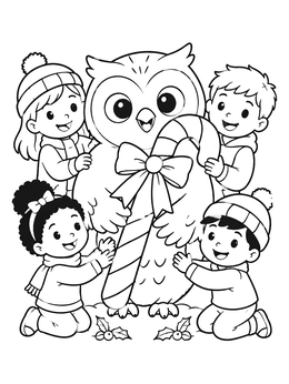 Free printable Cute Owl With Candy Cane And Children coloring page