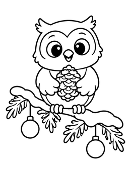 A cheerful christmas owl coloring page featuring a cute bird holding a pinecone on a snowy branch.