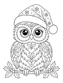 A festive christmas owl coloring page featuring a cute owl perched on a branch wearing a Santa hat.
