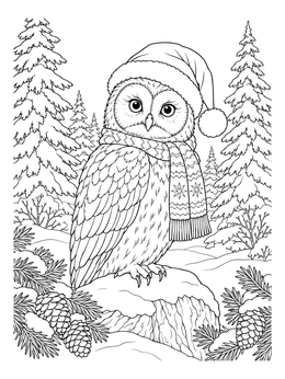 An owl wearing a Santa hat and scarf sits in snow on this christmas owl coloring page.