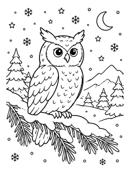 Free printable Winter Owl On Snowy Pine Branch coloring page