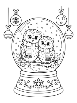 Two cute birds rest in this christmas owl coloring page inside a snow globe.