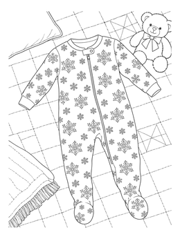 A cozy christmas pajamas coloring page featuring snowflake-patterned footie sleepwear on a quilt.