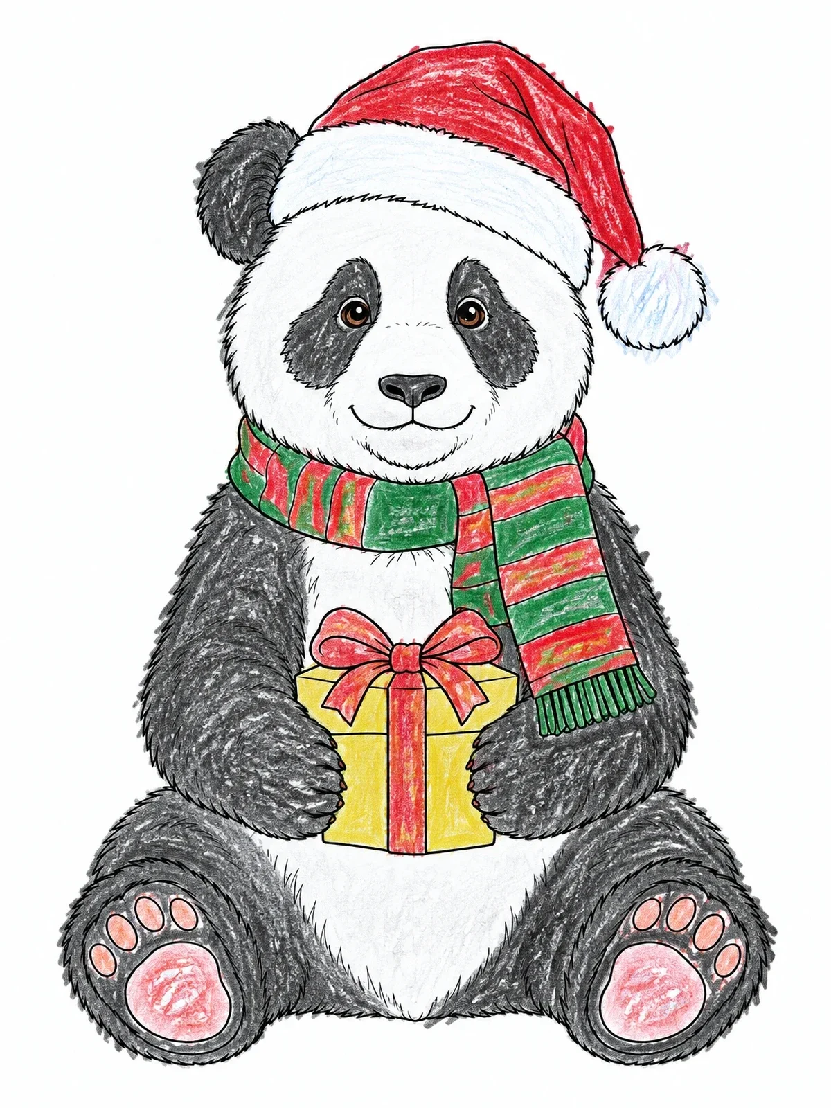 Colored example of the Cute Christmas Panda With Present coloring page