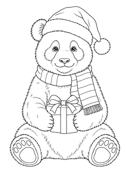 A cute Christmas panda coloring page holding a wrapped gift.