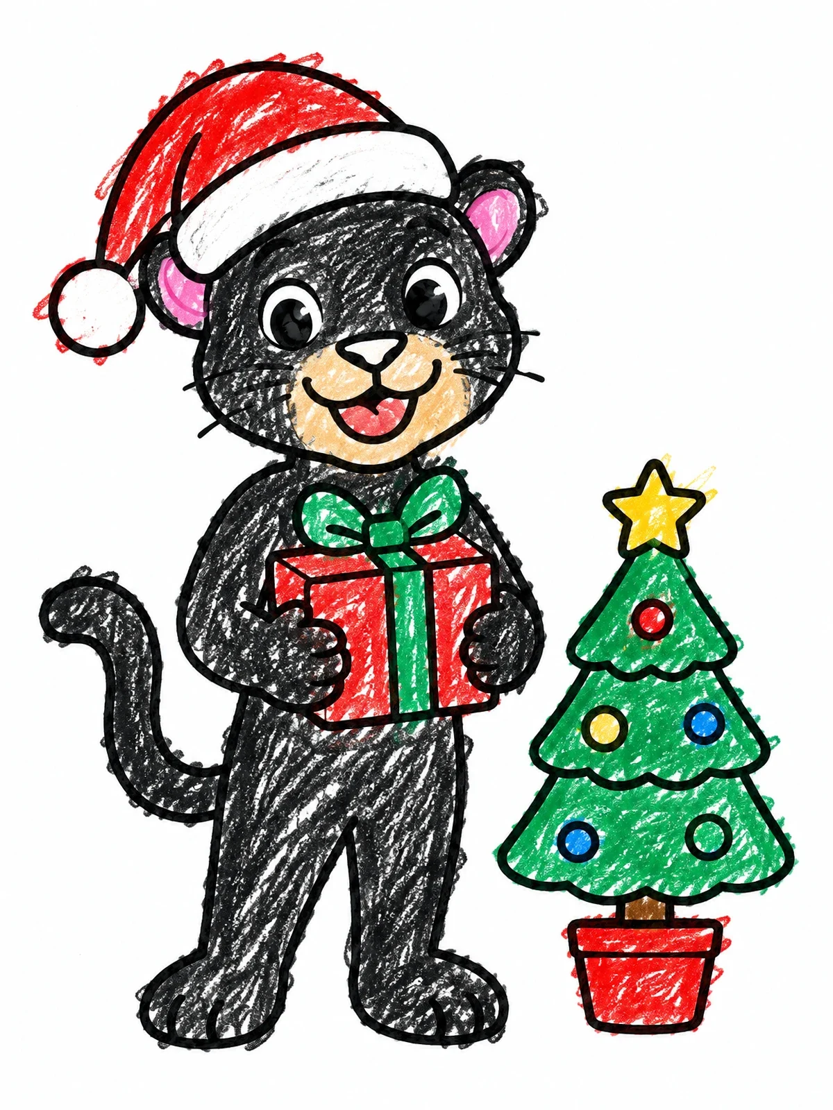 Colored example of the Cute Christmas Panther With Gift coloring page