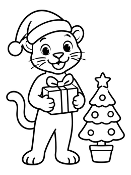 Free printable Cute Christmas Panther With Gift coloring page