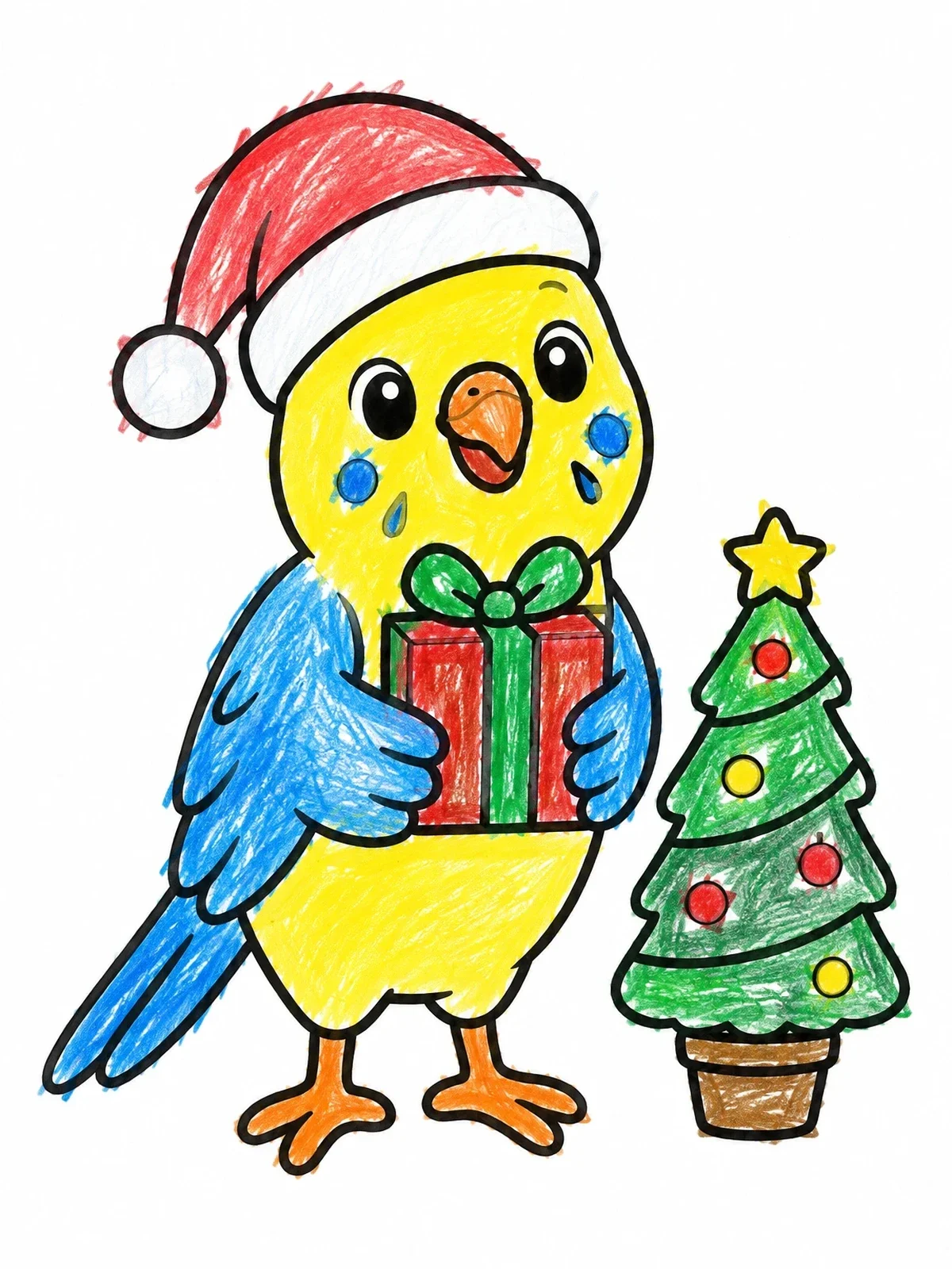 Colored example of the Christmas Parakeet With Gift coloring page