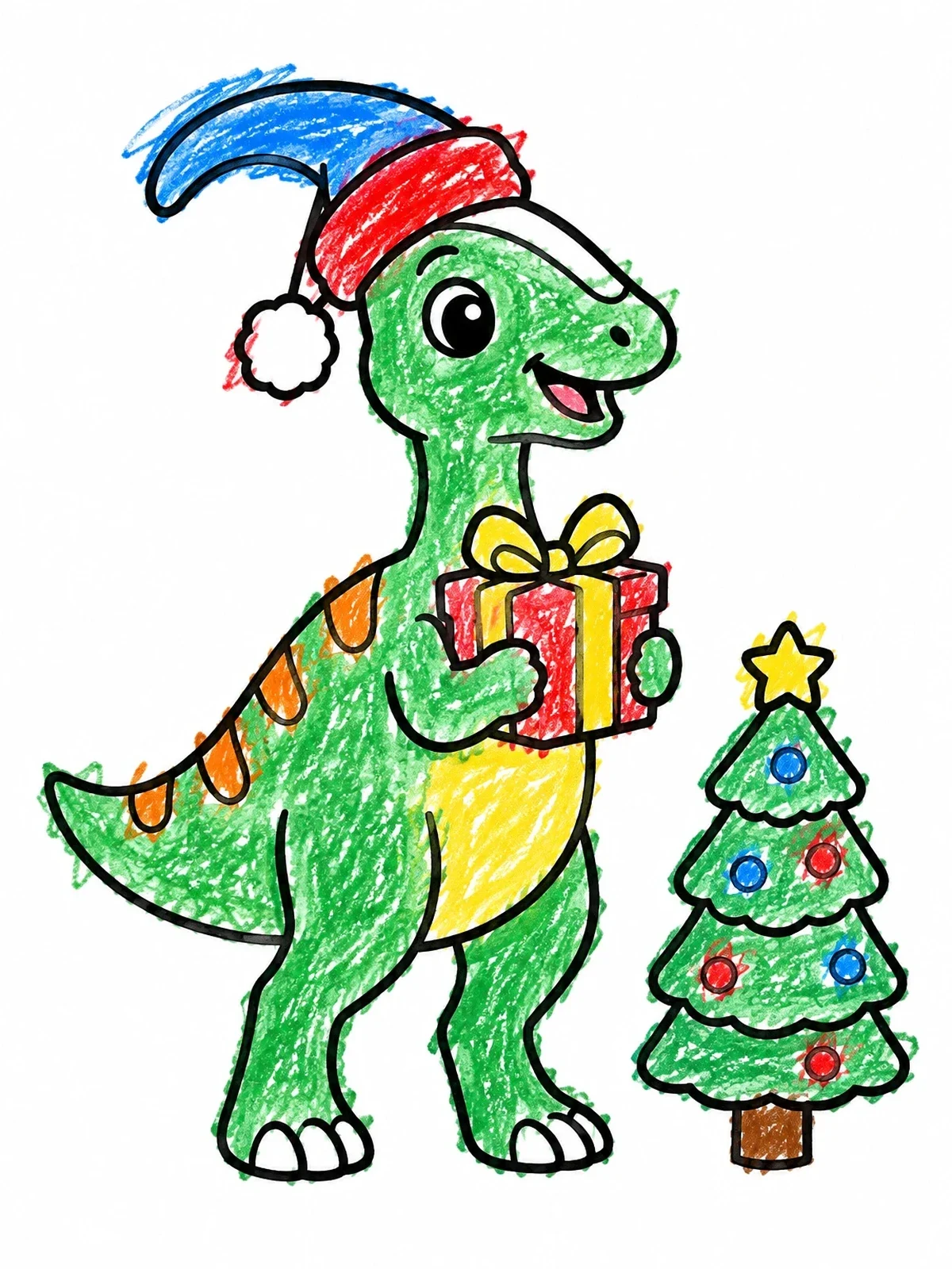 Colored example of the Cute Christmas Parasaurolophus With Gift coloring page