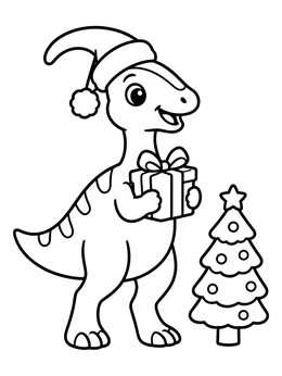 A festive parasaurolophus coloring page featuring a baby dinosaur in a Santa hat holding a gift.