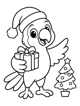 A festive parrot coloring page showing a bird wearing a Santa hat beside a Christmas tree.