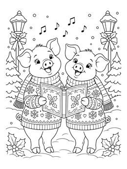 Two cheerful pigs sing carols together in this festive christmas pig coloring page.