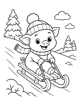 Free printable Cheerful Pig Sledding Downhill coloring page