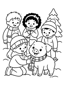 Free printable Children Dressing A Winter Piglet coloring page