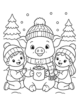 Free printable Cozy Pig With Hot Cocoa And Children coloring page
