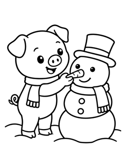 Free printable Cute Pig Building A Snowman coloring page