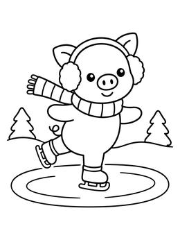 Free printable Cute Pig Ice Skating In Winter coloring page