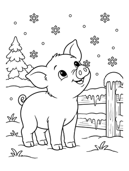 A cute christmas pig coloring page featuring a piglet catching snowflakes outdoors.