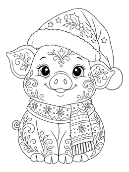 A festive christmas pig coloring page showing an ornate piglet wearing a winter scarf and hat.