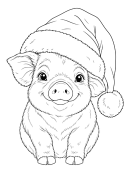 A cheerful christmas pig coloring page featuring a smiling piglet wearing an oversized Santa hat.