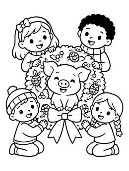 Happy children surround a cute christmas pig coloring page in a wreath.