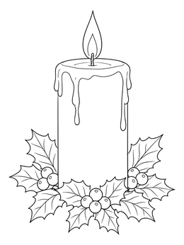 A burning christmas candle coloring page framed by holly leaves and berries.