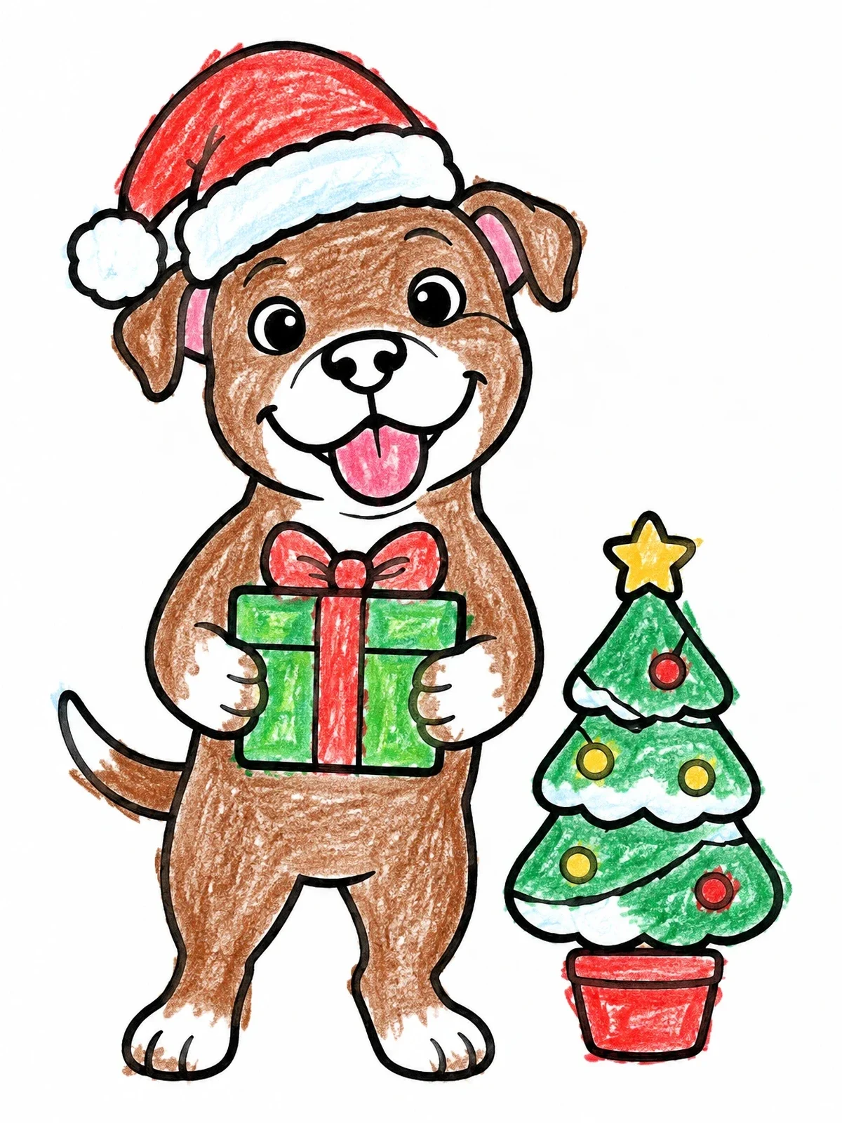 Colored example of the Christmas Pitbull Puppy With Gift coloring page