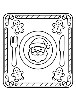 Santa plate with gingerbread men on this festive placemat coloring page.