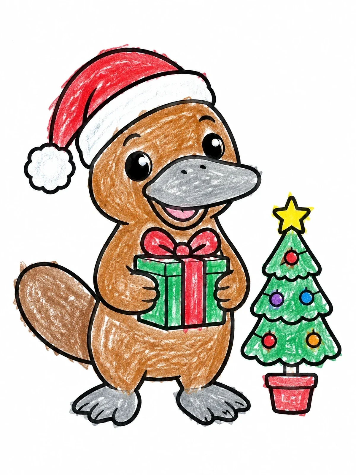 Colored example of the Cute Christmas Platypus With Present coloring page