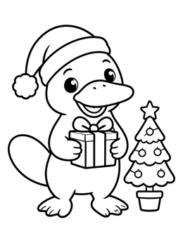 A cheerful platypus coloring page with a Santa hat holding a Christmas gift next to a small tree.