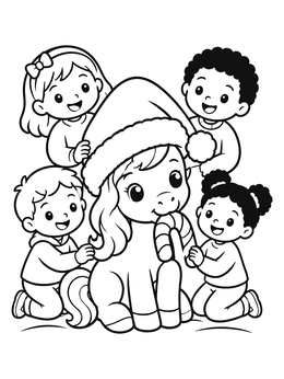 Free printable Pony With Santa Hat And Children coloring page